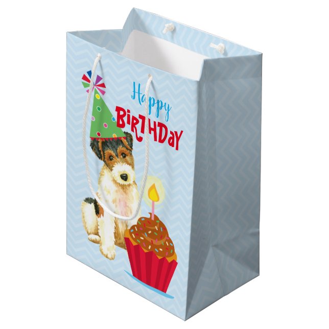 Bolsa De Regalo Mediana Cumpleaños Cupcake Wire Fox Terrier (Angulo Anverso)