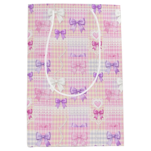 Bolsa De Regalo Mediana Cumpleaños de Gingham Coquette Bows Baby Shower Ch (Anverso)