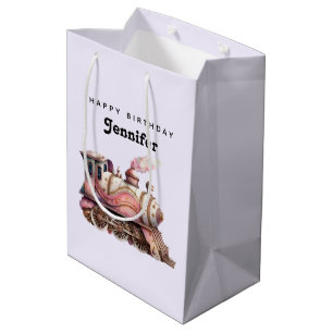 Bolsa De Regalo Mediana Cumpleaños de la cosecha de trenes de vapor rosado