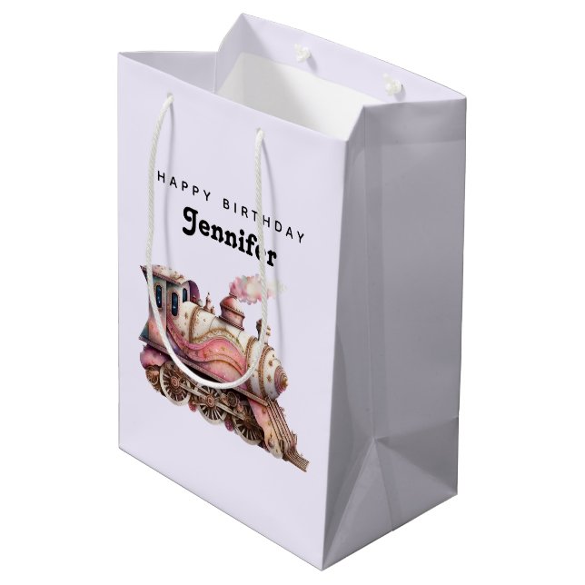 Bolsa De Regalo Mediana Cumpleaños de la cosecha de trenes de vapor rosado (Angulo reverso)