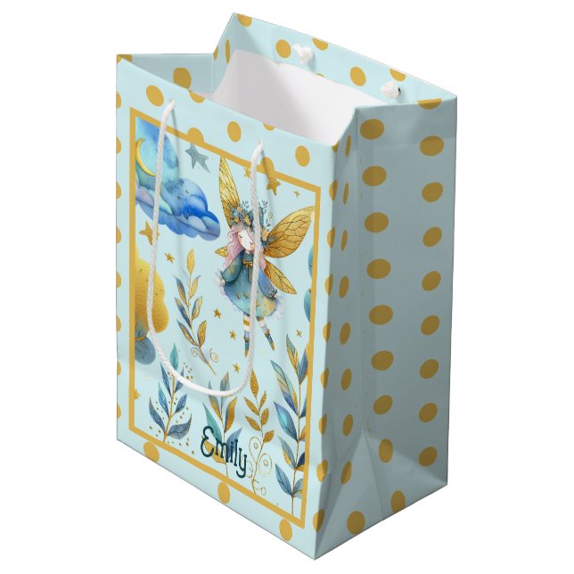 Bolsa De Regalo Mediana Cumpleaños de los Fairy Verde azulada Gold Pink Pr (Angulo Anverso)