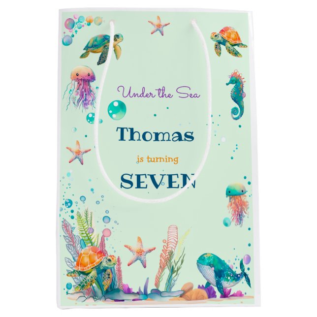 Bolsa De Regalo Mediana Cumpleaños de los niños de la acuarela Under Sea (Anverso)