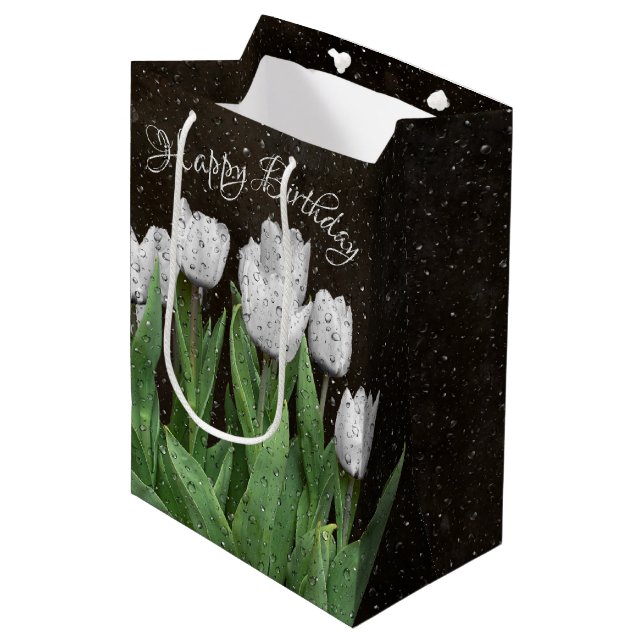 Bolsa De Regalo Mediana Cumpleaños de los tulipanes blancos con gotas de l (Angulo Anverso)