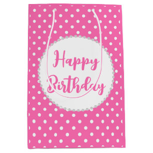 Bolsa De Regalo Mediana Cumpleaños de lunares blancos y rosados y diamante