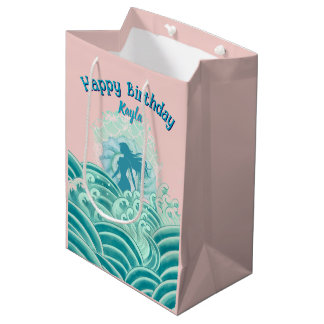 Bolsa De Regalo Mediana Cumpleaños de niña de olas del océano sirena rosa