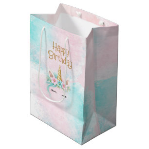 Bolsa De Regalo Mediana Cumpleaños de niña de unicornio rosa y turquesa