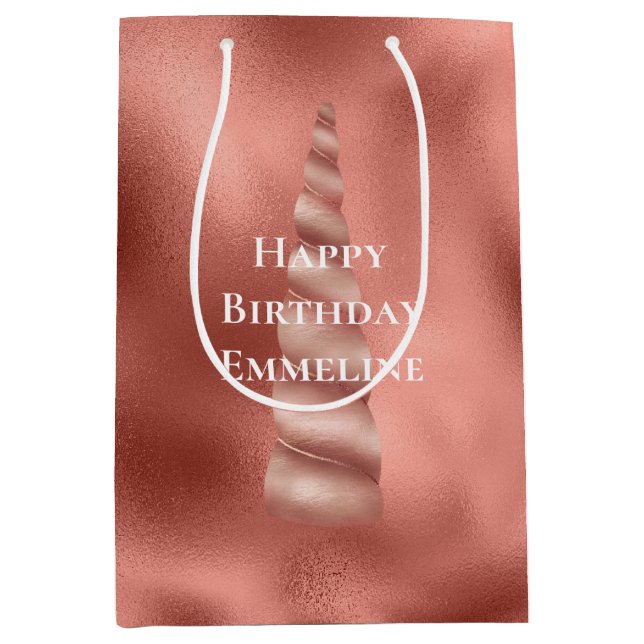 Bolsa De Regalo Mediana Cumpleaños de Rosa Gold Glam Unicorn (Anverso)