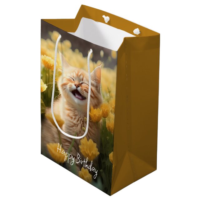 Bolsa De Regalo Mediana Cumpleaños Del Gatito En Flores (Angulo Anverso)