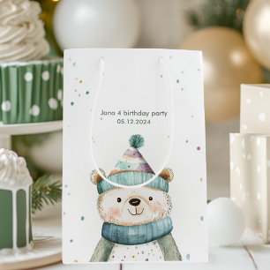 Bolsa De Regalo Mediana Cumpleaños del Oso Verde Fiesta Winter Wonderlan