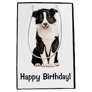 Bolsa De Regalo Mediana Cumpleaños del perrito del border collie feliz