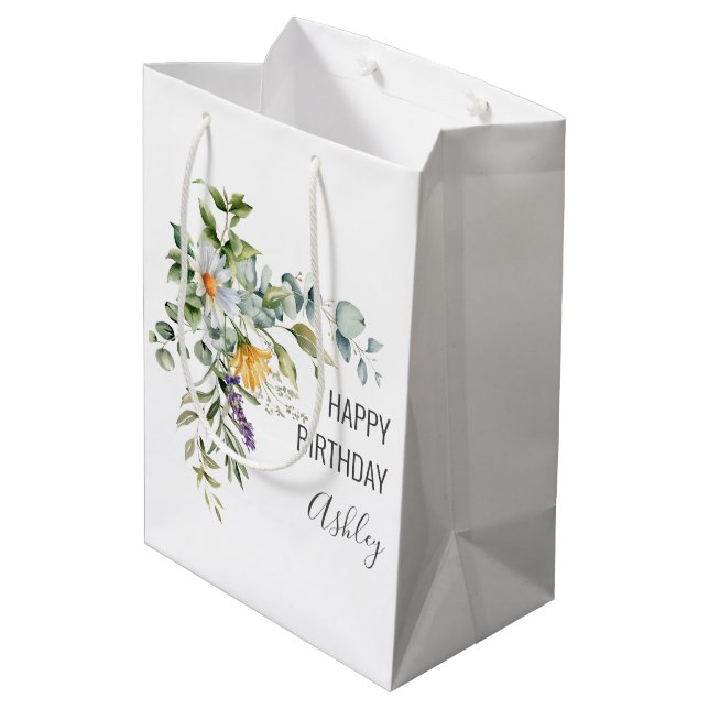 Bolsa De Regalo Mediana Cumpleaños feliz + Floral nombre (Angulo reverso)