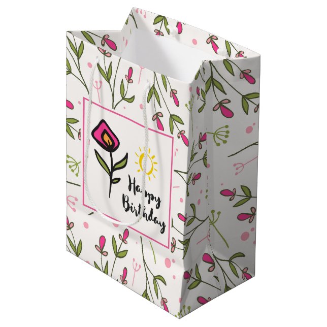 Bolsa De Regalo Mediana Cumpleaños feliz - Flores silvestres de Bonito y S (Angulo Anverso)