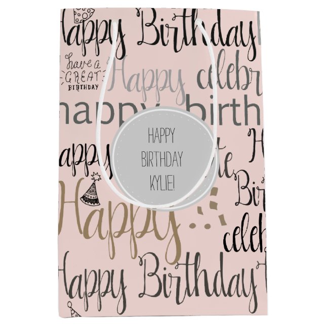 Bolsa De Regalo Mediana Cumpleaños Feliz Rosa Rubor   (Anverso)