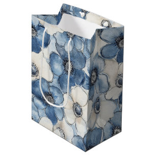 Bolsa De Regalo Mediana Cumpleaños Flores de Mezclilla Azul Blanco