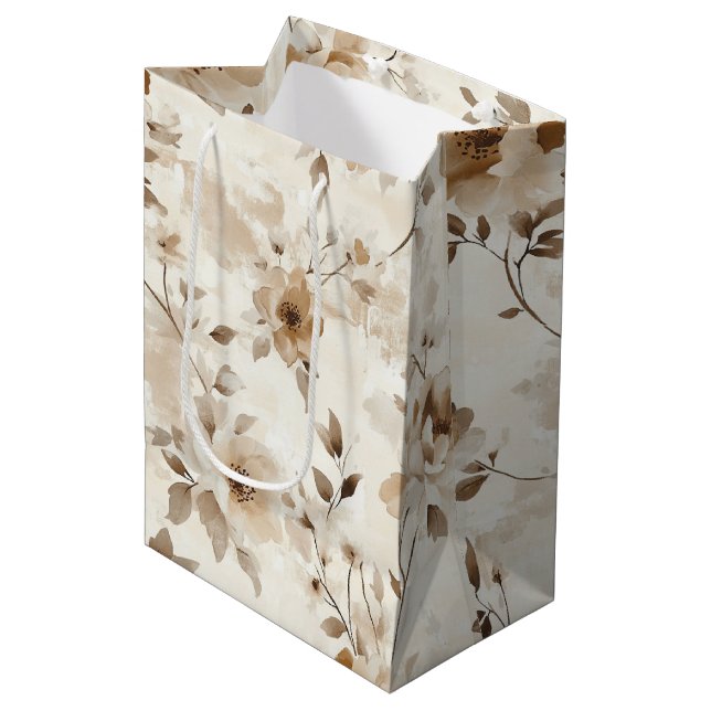 Bolsa De Regalo Mediana Cumpleaños Flores Marrones Crema (Angulo Anverso)