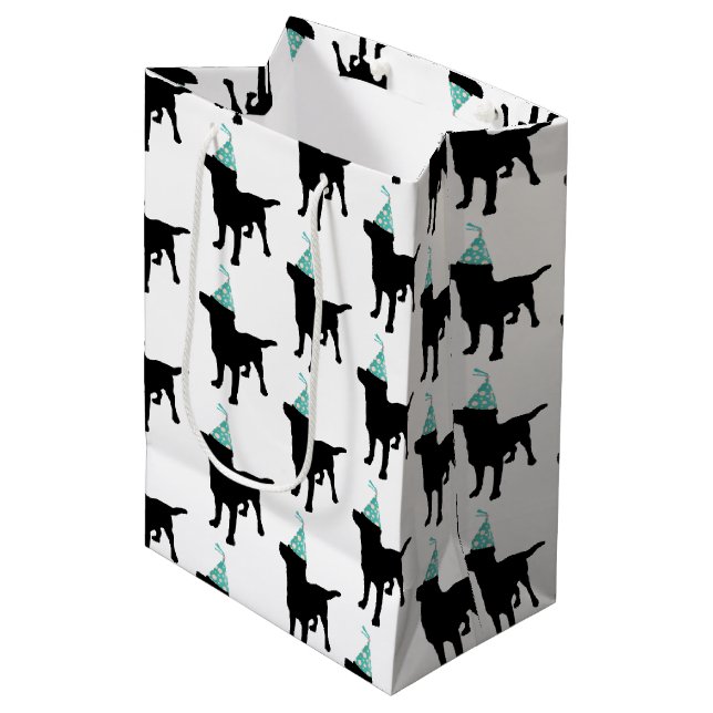 Bolsa De Regalo Mediana Cumpleaños Labrador Perro Negro En Gorra Fiesta (Angulo Anverso)