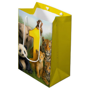 Bolsa De Regalo Mediana Cumpleaños número 1 de animales salvajes bebés