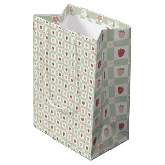 Bolsa De Regalo Mediana Cumpleaños número 1 de Fresa Gingham Pastel Verde