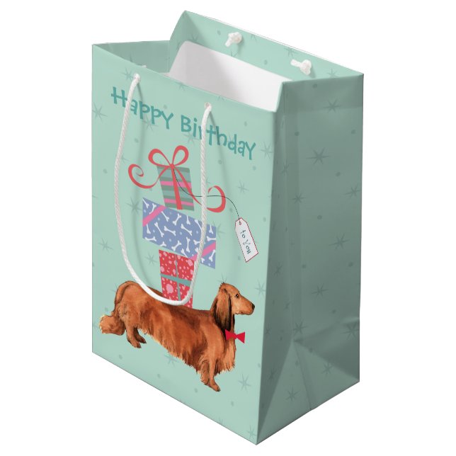 Bolsa De Regalo Mediana Cumpleaños presenta a Dachshund de cabello largo (Angulo Anverso)