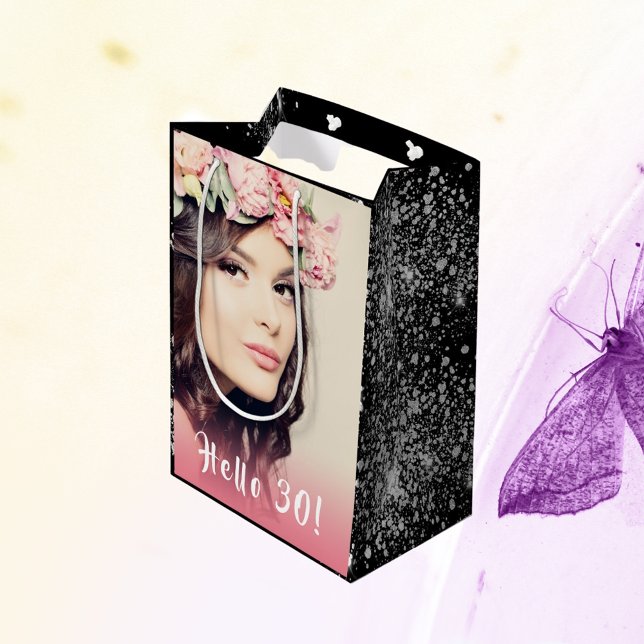 Bolsa De Regalo Mediana Cumpleaños purpurina de plata negra foto hola 30 (Subido por el creador)