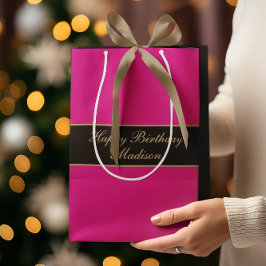 Bolsa De Regalo Mediana Cumpleaños Script Nombre Rosa Negro Dorado