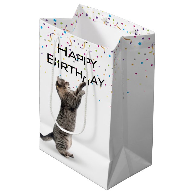Bolsa De Regalo Mediana Cumpleaños Tabby Cat con Confetti (Angulo Anverso)