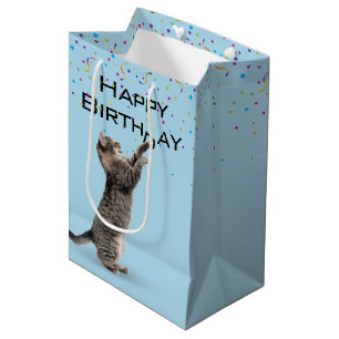 Bolsa De Regalo Mediana Cumpleaños Tabby Cat con Confetti