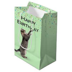 Bolsa De Regalo Mediana Cumpleaños Tabby Cat con Confetti