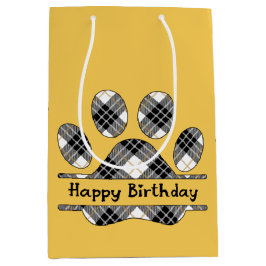 Bolsa De Regalo Mediana Cumpleaños Tartan Plaid Paw Print on Gold