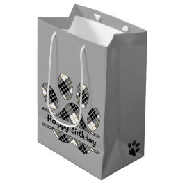 Bolsa De Regalo Mediana Cumpleaños Tartan Plaid Paw Print on Gray