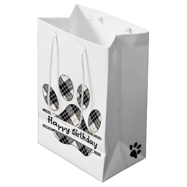 Bolsa De Regalo Mediana Cumpleaños Tartan Plaid Paw Print On White (Angulo Anverso)