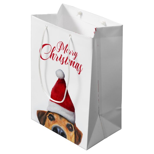 Bolsa De Regalo Mediana Curioso perro gracioso con Santa Hat (Angulo Anverso)