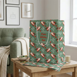 Bolsa De Regalo Mediana Custom Birthday Cake & Hearts Green Personalized 