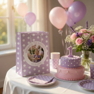 Bolsa De Regalo Mediana Custom Birthday Photo & Purple Polka Dot