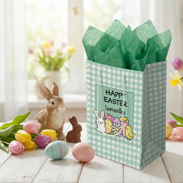 Bolsa De Regalo Mediana Custom Happy Easter Bunny Chick Green Gingham