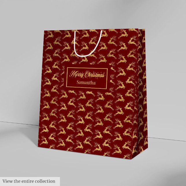 Bolsa De Regalo Mediana Custom Name Red and Gold Reindeer Gift Bag (Custom Name Red and Gold Reindeer Gift Bag)