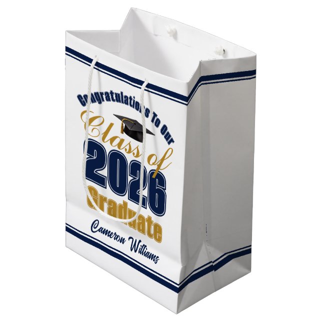 Bolsa De Regalo Mediana Custom Navy Blue Gold Class of 2026 Graduation (Angulo Anverso)