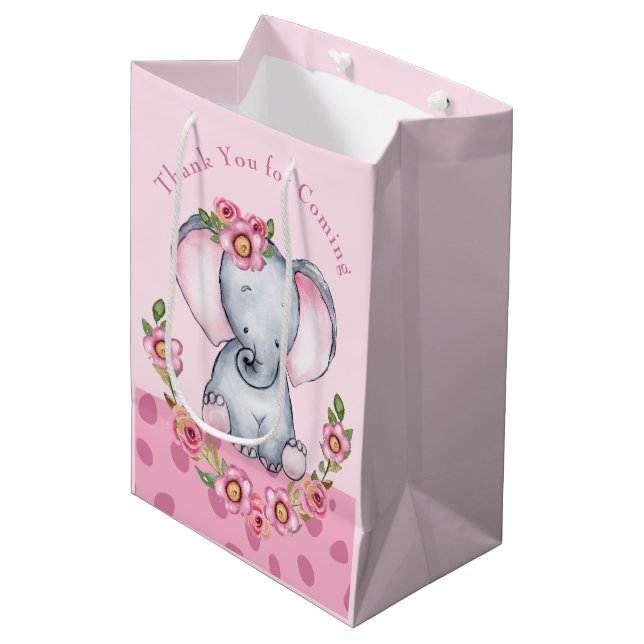 Bolsa De Regalo Mediana Cuta acuarela Elefante Floral Rosa Baby Shower (Angulo Anverso)