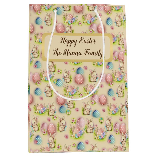 Bolsa De Regalo Mediana Cute acuarela Huevos de Pascua, conejo y floral (Anverso)