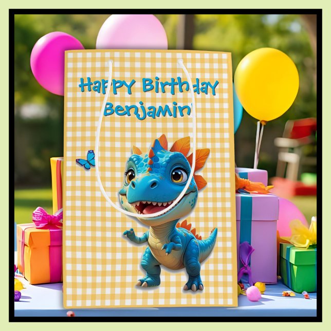 Bolsa De Regalo Mediana Cute amarillo Gingham Blue Dinosaur Birday (Subido por el creador)