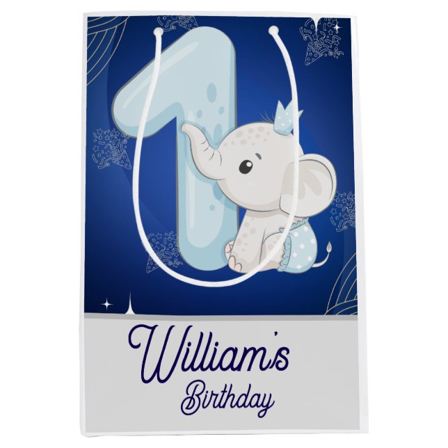 Bolsa De Regalo Mediana Cute Baby Elephant First Birthday (Anverso)