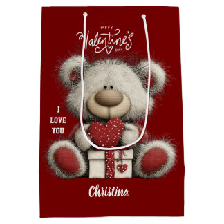 Bolsa De Regalo Mediana Cute Bear Happy Valentines Day Custom Name
