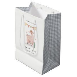Bolsa De Regalo Mediana Cute Blue Plaid Cactus Boho Llama Baby Shower