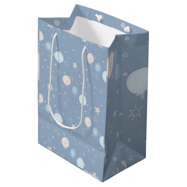 Bolsa De Regalo Mediana Cute Blue Taupe Balloons Stars Fiesta Regalo (Angulo Anverso)