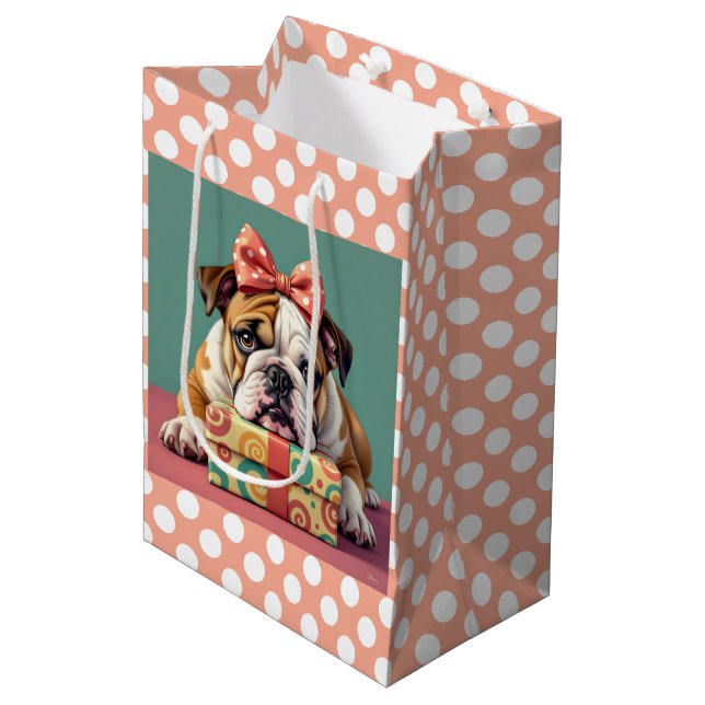 Bolsa De Regalo Mediana Cute Bulldog Cumpleaños Polka Dot (Angulo Anverso)