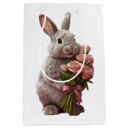 Bolsa De Regalo Mediana  “Cute Bunny with Pink Roses” Adorable Art Design