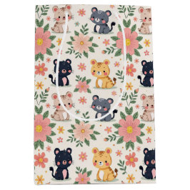 Bolsa De Regalo Mediana Cute Cartoon Jungle Cats and Flowers