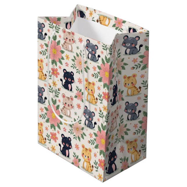 Bolsa De Regalo Mediana Cute Cartoon Jungle Cats and Flowers (Angulo reverso)