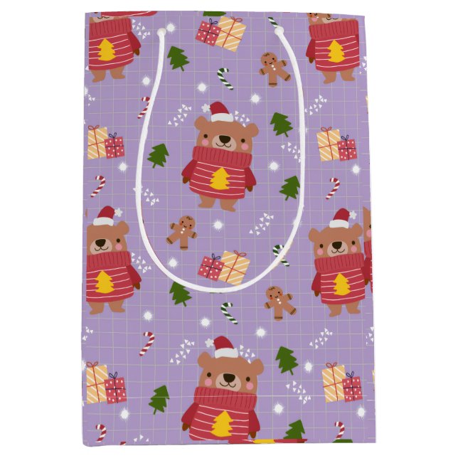 Bolsa De Regalo Mediana Cute Christmas Bear Pattern | Cozy Holiday Winter  (Anverso)