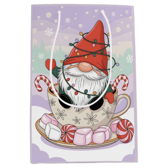 Bolsa De Regalo Mediana Cute Christmas Gnome in a Teacup Cartoon (Anverso)